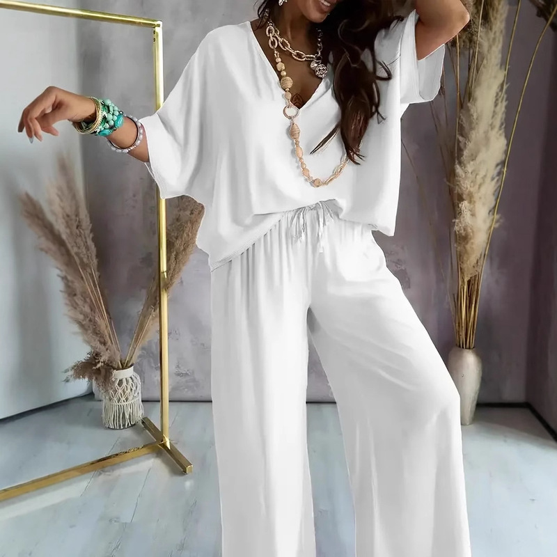 2026 European and American Cross-Border Spring New Style V-Neck Batwing Sleeve Top with Tie Casual Wide-Leg Pants Two-Piece Set for Women