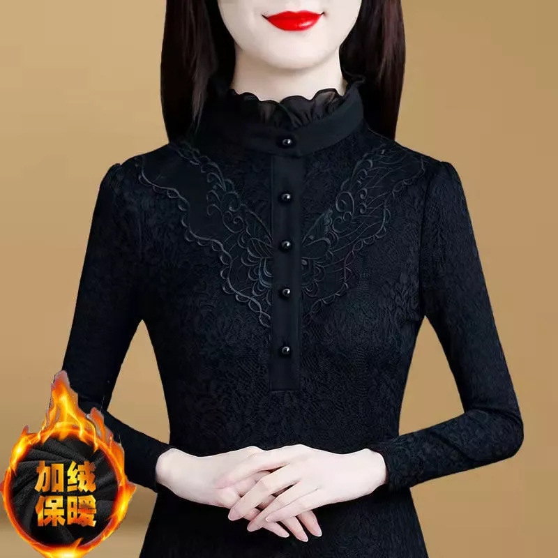 Black Bottoming Shirt for Women in Winter 2024 New Style with Velvet and Thickened Half Turtleneck Long-Sleeved Top