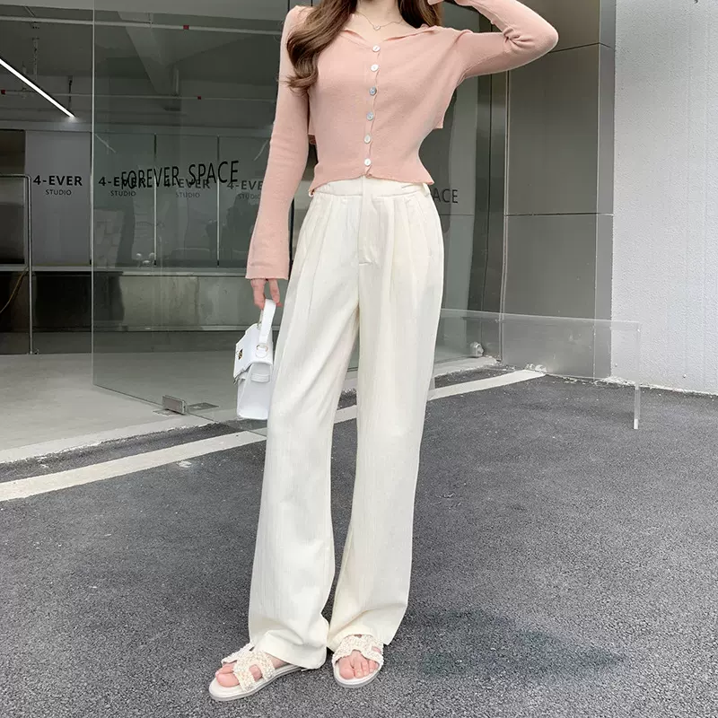 You/ 腔调西装拖地裤 色织肌理/淡茶粉~慵懒垂感休闲裤