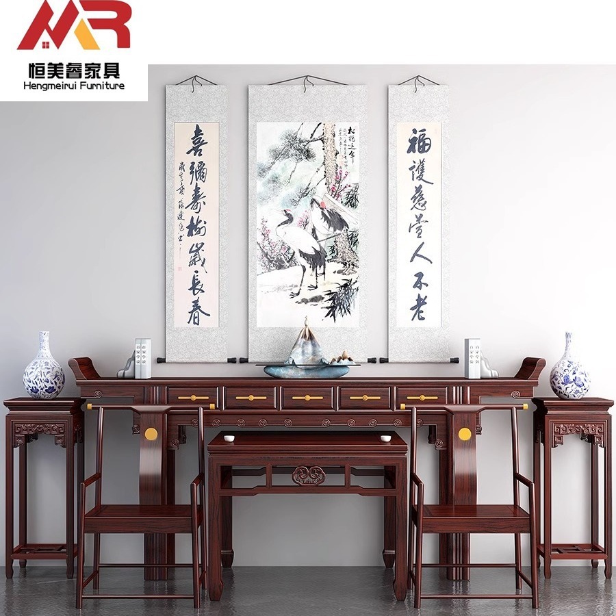 Zhongtang six-piece set hall Chinese style magic table Rural Hall solid wood strip table four-piece set desk strip machine desk furniture