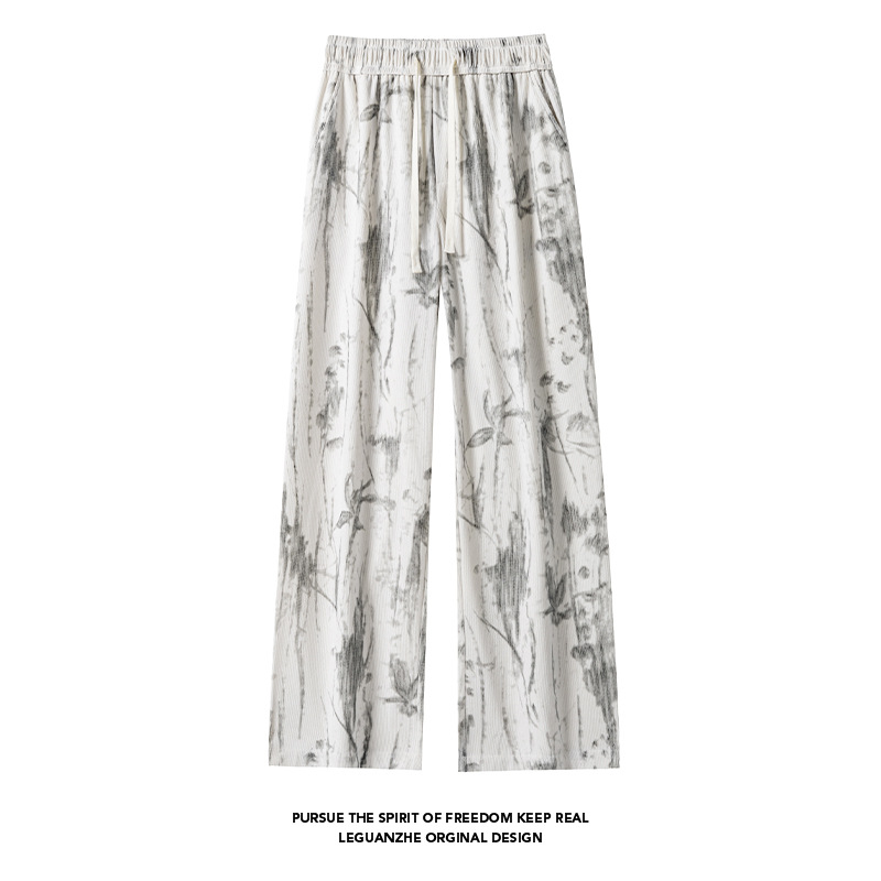Ink-dyed Chinese-style Printed Long For Men, Autumn Trendy Corduroy Loose Wide-leg Pants, Casual Pants With A Raxed_voghion.com