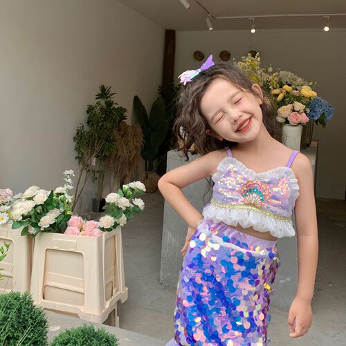 Children's Costume Mermaid Princess Glitter Straps Child Sleeveless Mermaid Girl Fish Tail Stylish Summer Dress Set