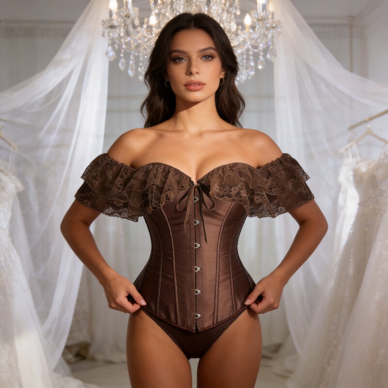 Influencer-Style 1808 Corset Bridal Gown with Satin Silk Sleeves, Tummy Control Shapewear, French-Style Boned Corset