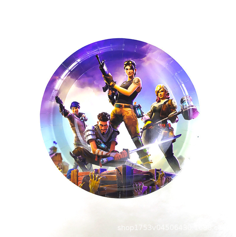 Amazon Venta caliente juego tema partido tire bandera plato de papel vajilla traje decoración del partido traje fortaleza noche