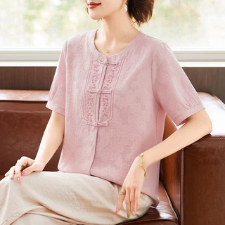妈妈短袖t恤纯棉套装2026新款中老年女夏装棉麻小衫宽松大码上衣