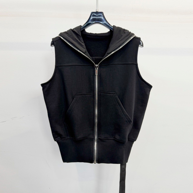 2026 New Black Hooded Sleeveless Vest Top, Loose Fit, Casual, Metal Zipper, Unisex