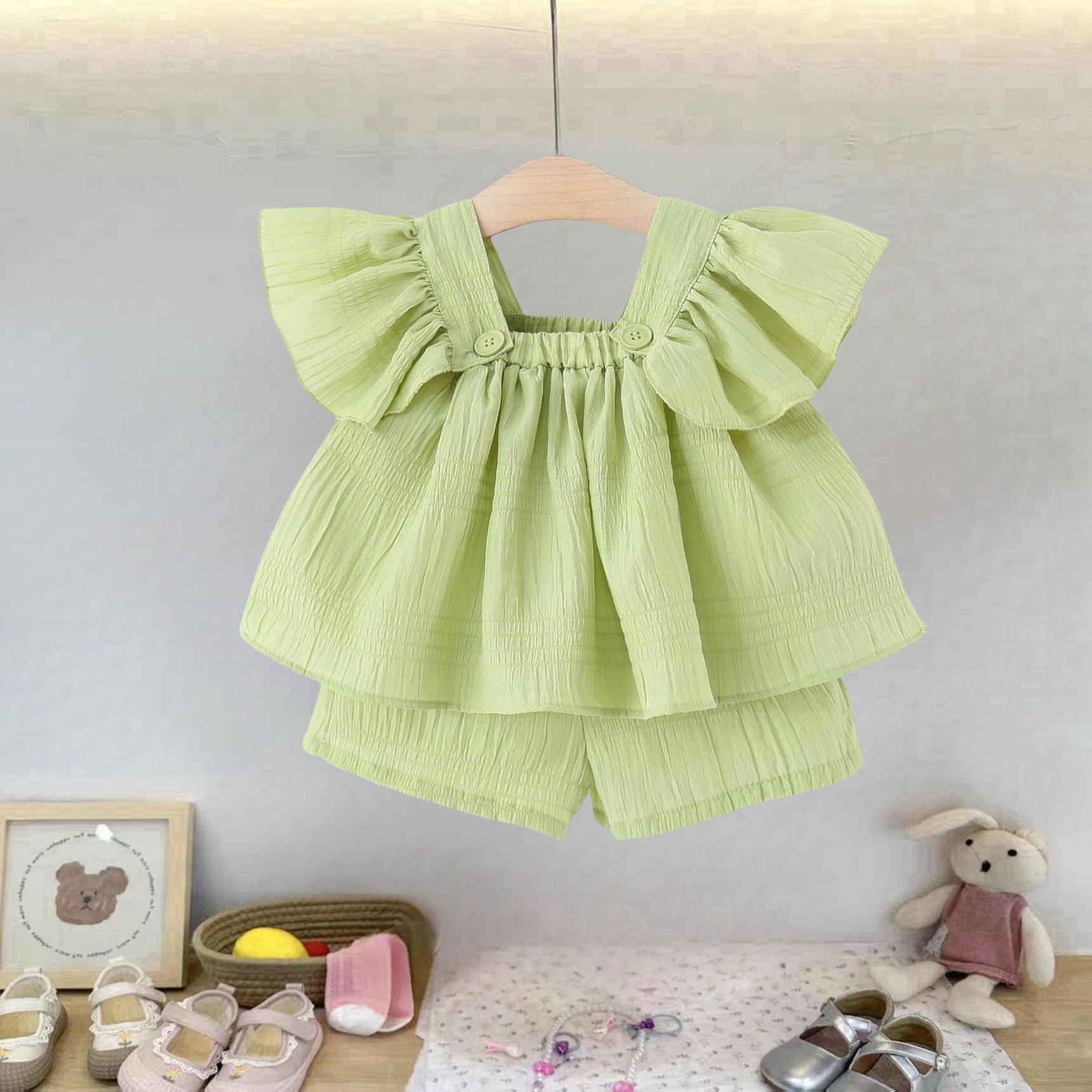 3326 Children's Wear New Girls' suit Summer Girls' Baby Girls' Flying Sleeve Shorts Two-Piece Set Western Style Children's Summer Dress