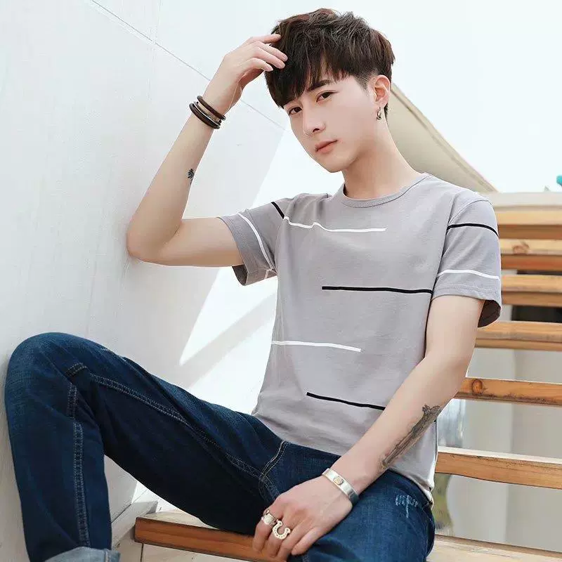 Летняя корейская мужская футболка с коротким рукавом с круглым вырезом футболка мужская рубашка с нижней рубашкой