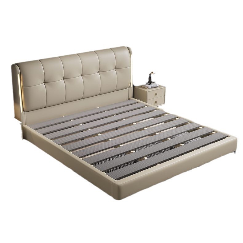 Cama de cuero de vaca, cama de cuero real moderna y simple, cama de casal doble con lámpara, cama de lujo ligera y blanda, cama queen simple y moderna.