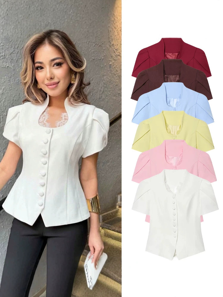 Qadın qısaqollu blazer, belli, düyməli