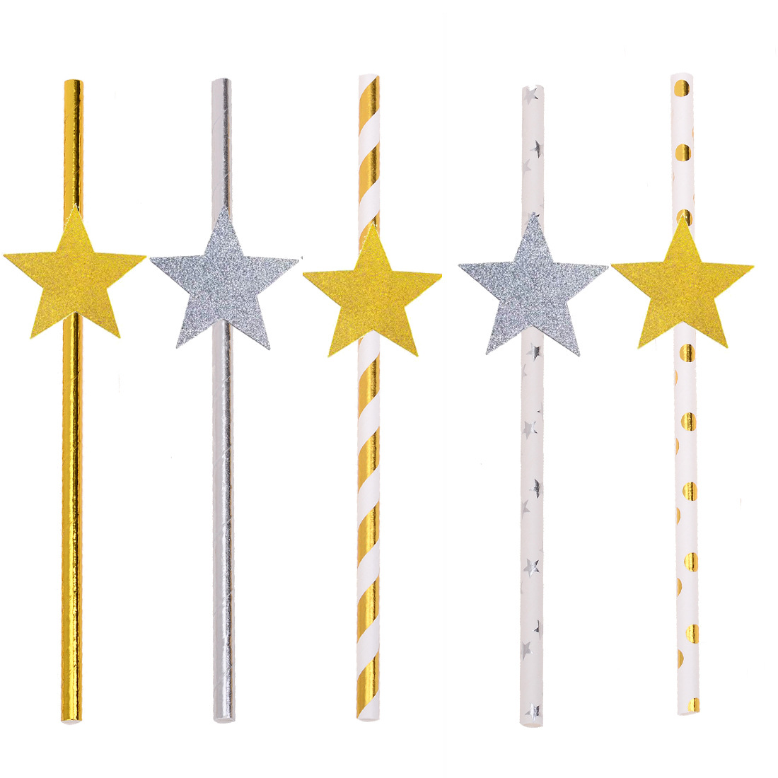 Fábrica en stock paja de papel desechable creativa al por mayor de cinco puntas estrella palo forma paja brillo polvo