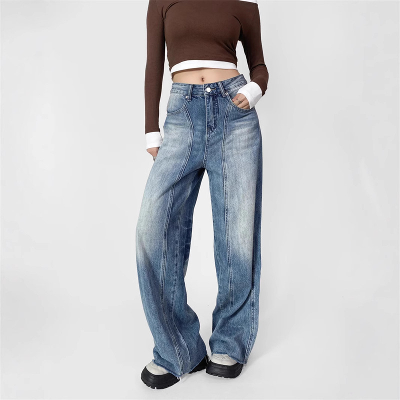 High Street Trendy American Style Three-Dimensional Side Vintage Washed Jeans Autumn New Low Waist Wide Leg Casual Straight Trousers