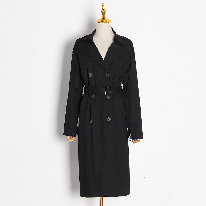Lapel tie striped trench coat