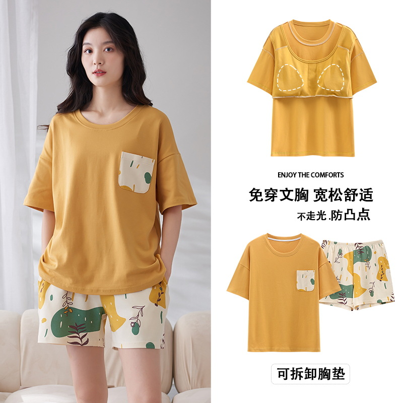 Conjunto de Pijamas de Manga Corta para Mujer con Almohadilla para Pecho de Algodón de Verano