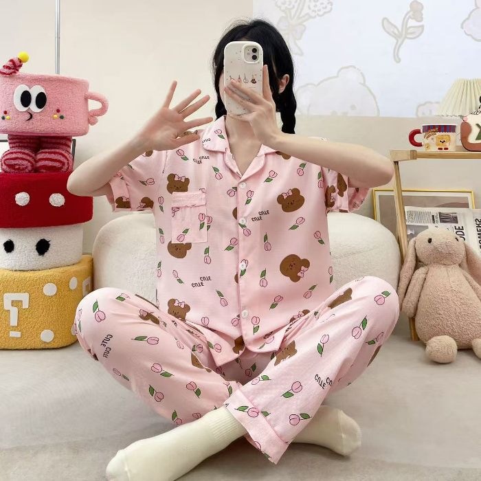 Vietnam transfronterizo al por mayor pijamas de verano para mujer, pantalones frescos de manga corta, cárdigan estampado, servicio a domicilio, dos trajes