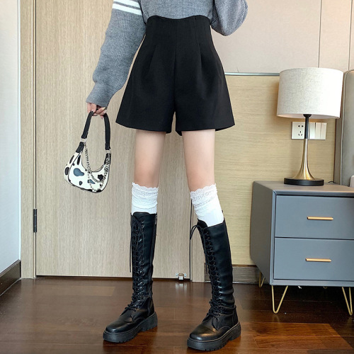 Women's new style of woolen shorts for autumn and winter outerwear high-waisted wide-leg casual pants Internet celebrity hot with long boots