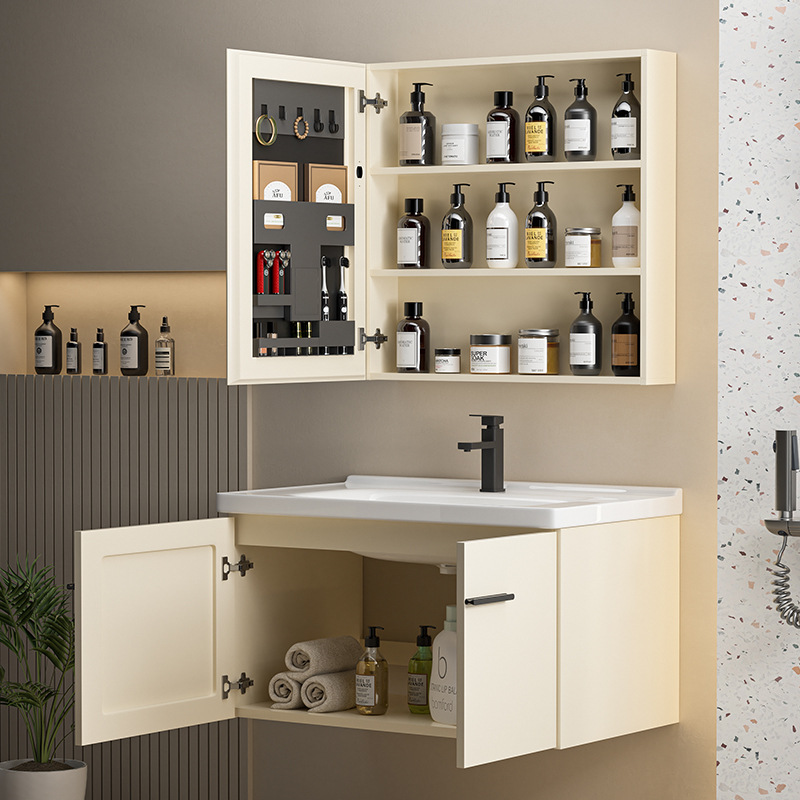 Crema estilo engrosada espacio de aluminio mueble de baño lavabo combinación baño lavabo de cerámica integrado espejo de belleza