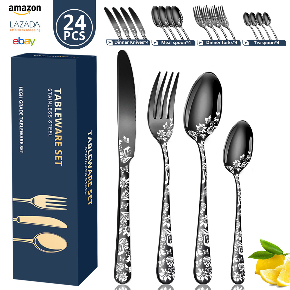 Cross-border Amazon pattern stainless steel tableware set, Western steak knife, fork and spoon for 6 people, 24-piece set