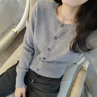 短款100%羊毛针织开衫女秋冬韩系收腰修身软糯圆领高级感毛衣外套
