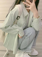 法式条纹衬衫女2023春秋款宽松日系复古小个子港风设计感小众上衣