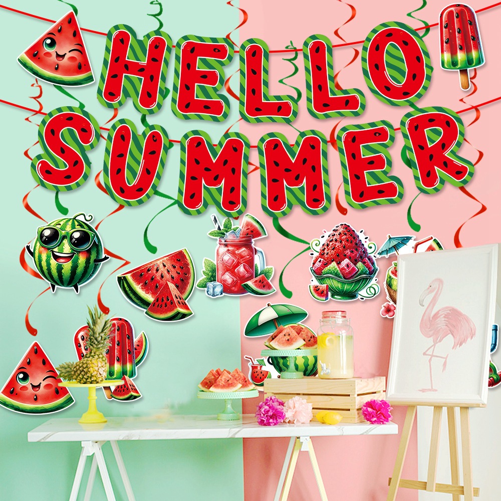 Nuevo estilo transfronterizo decoración de fiesta hawaiana bandera de tracción tema de sandía flor de tracción espiral verano playa decoración de playa