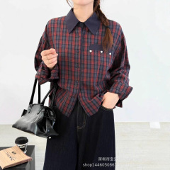 琪镌绘制格子衬衫2025秋季款复古显瘦休闲宽松翻领长袖上衣女衬衣