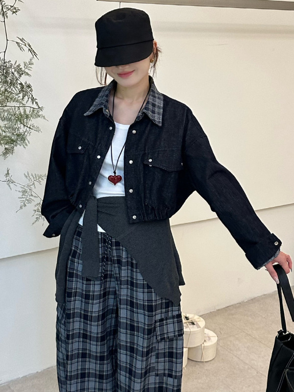休闲牛仔短外套女2025秋新款气质翻领格子拼接单排扣夹克宽松上衣|undefined