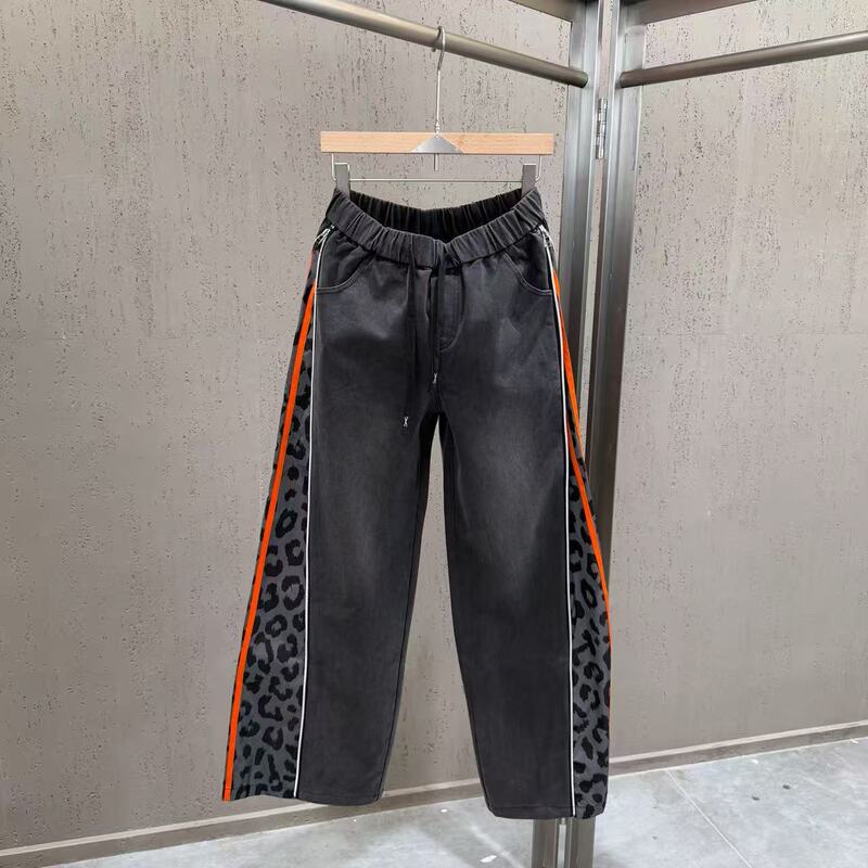 2026 Spring/Summer Designer Street Fashion Hot Girl Elastic Waist Straight-Leg Jeans with Leopard Print and Color-Block Design