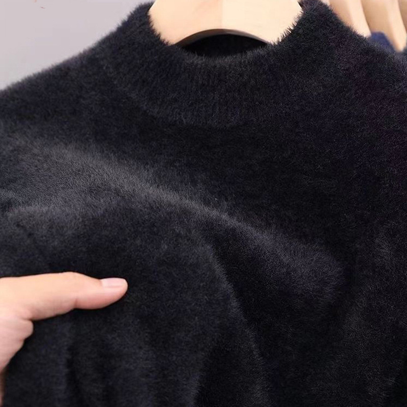 Woodpecker Half Turtleneck Sweater Men's Velvet Thickeneded Classy Mink Velvet Autumn Coat Middle-Aged Dad Winter Warm Top