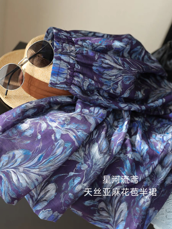 Star River Kite テンセルリネンソフトプリントスカートハイウエスト A ラインミドル丈花のつぼみスカート女性の夏の新作|undefined