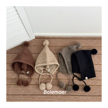 韩系儿童毛线帽可爱毛球针织护耳帽秋冬男女童系带保暖尖尖巫师帽