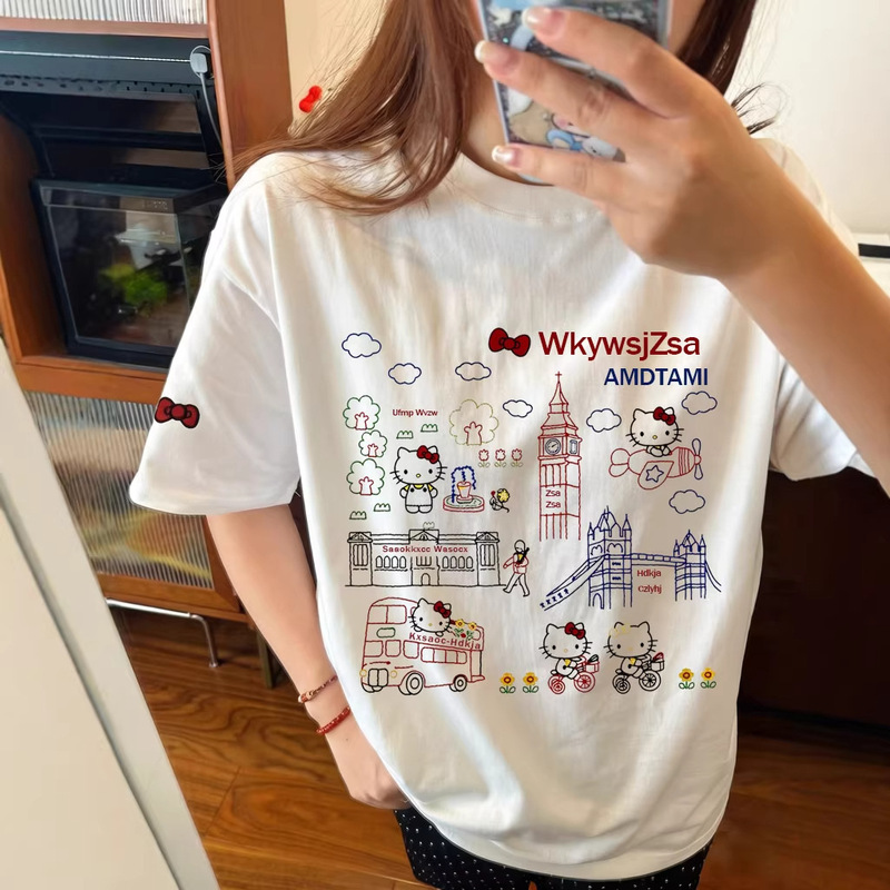 Printed Kt British Retro Fashion Simple Cartoon Print Short-Sleeve T-Shirt White Loose Versatile Cute Top Ins Printed Kt British Retro Fashion Simple Cartoon Print Short-Sleeve T-Shirt White Loose Versatile Cute Top Ins