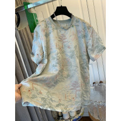 高級感新中国式亭台楼閣刺繍半袖tシャツシャツゆったり上着ブラウス女性2025夏服爆発