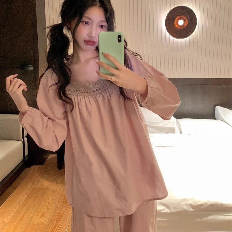 French Sweet Girly Lace Temperament Square Collar Home Wear Spring and Autumn New Long-Sleeved Trousers Pajamas Set