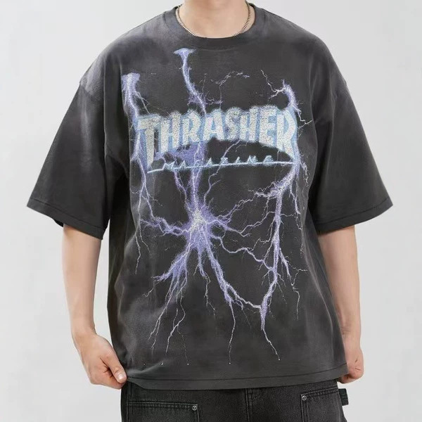 Thrasher 26Ss Lightning Print Washed Half-Sleeve Retro Style Graphic Short-Sleeve T-Shirt Thrasher 26Ss Lightning Print Washed Half-Sleeve Retro Style Graphic Short-Sleeve T-Shirt
