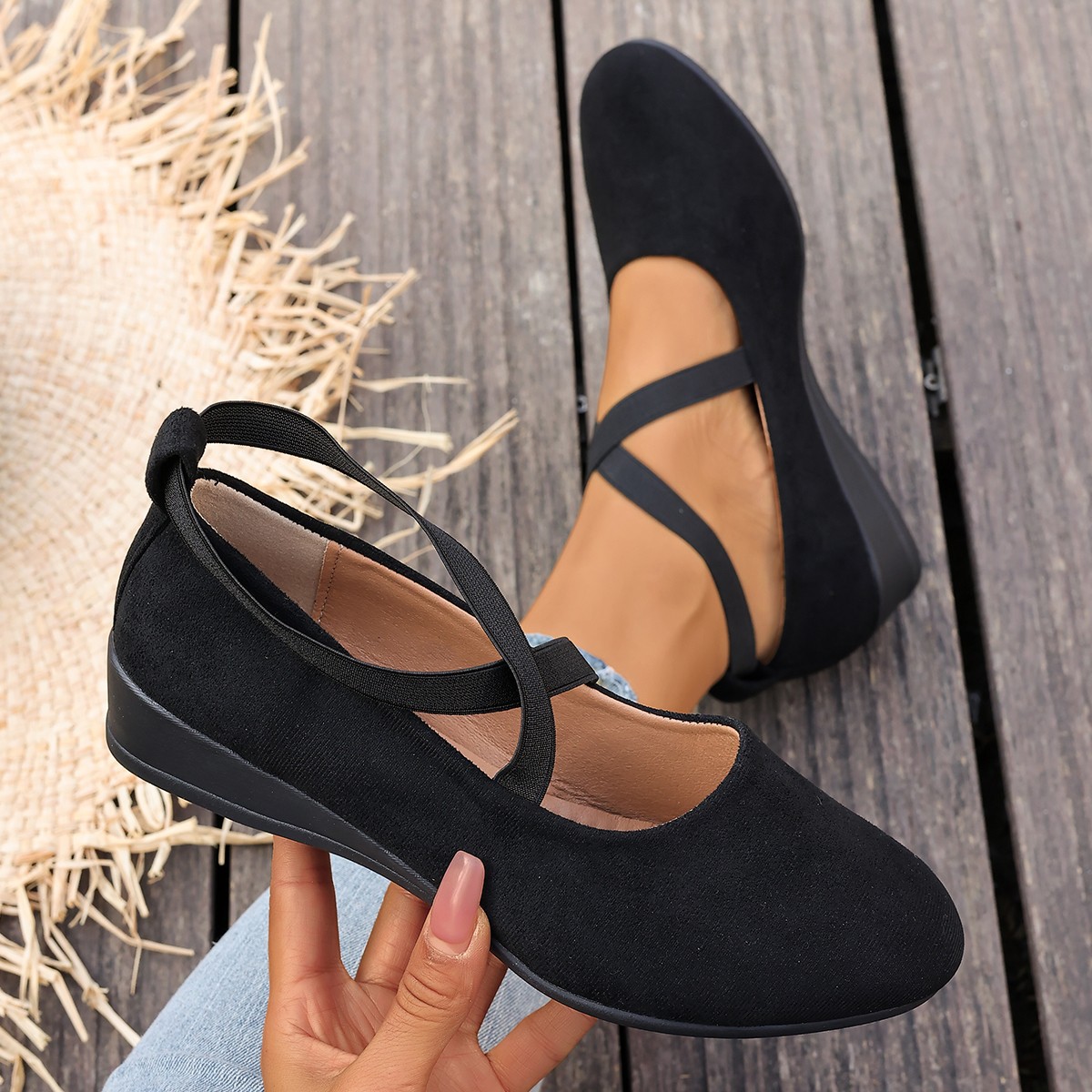 Women's Plus Size Cross Strap Suede Wedge Heels Slip-On Loafers Low Cut Spring Style Casual Comfortable Footwear_voghion.com