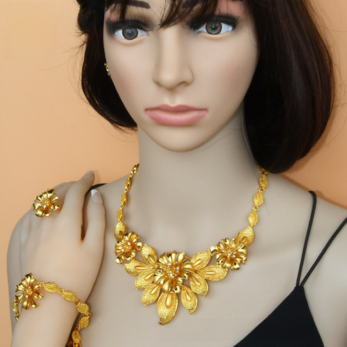 Cross-border Dubai 24K Gold Jewelry Set for Brides - Necklace, Ring, Earrings, and Bracelet Set of Four
