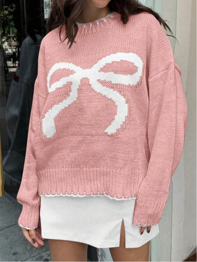 Vêtements pour femmes 2024 nouveau pull de style paresseux haut tricoté nœud jacquard vêtements d'extérieur amples pull pour femmes_voghion.com