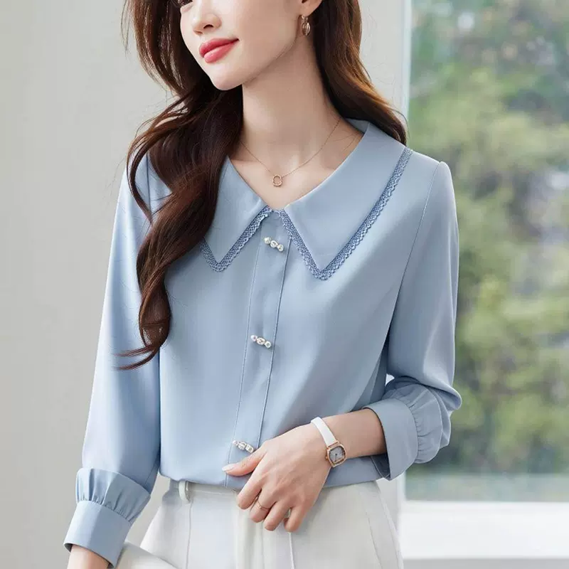 2026春新款衬衫女时尚洋气娃娃领法式钉珠蕾丝衬衣长袖雪纺衫上衣