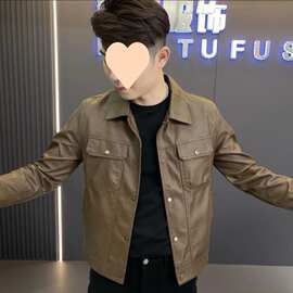 欧货男士皮机车夹克外套新款2025秋季韩版修身翻领潮流帅气皮夹克