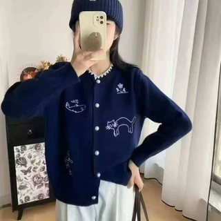 美式复古小狗提花针织衫开衫女装新款秋季宽松韩系早春毛衣外套潮
