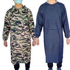 牛仔布圍裙罩衣帶袖長袖圍裙加長防髒耐磨迷彩工作服反穿衣廠家