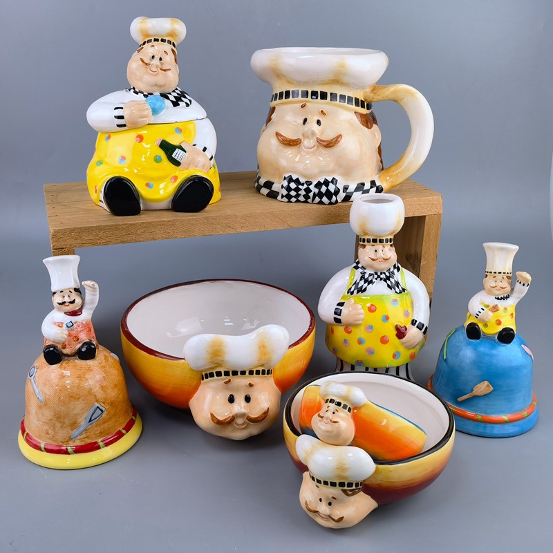 Tarro de galletas de cerámica de Navidad pintado a mano 3D en relieve lindo chef viejo tanque de almacenamiento con tapa decorativa de pollo azucarero