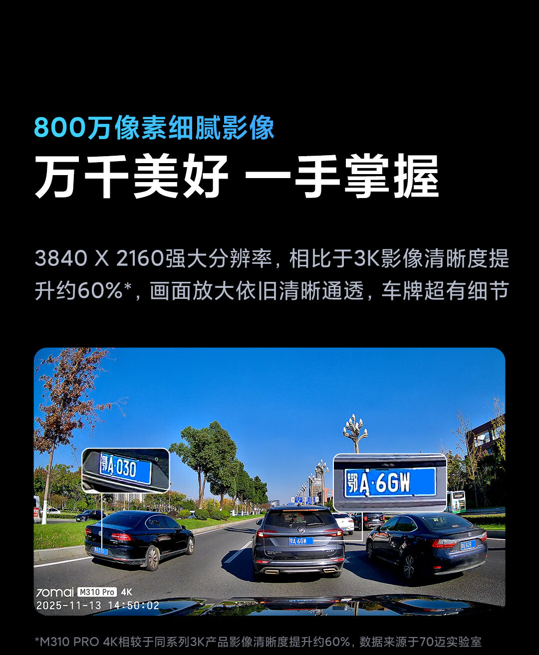 70Mai M310Pro Driving Recorder 4K Ultra-Clear Night Vision F1.55 Large Aperture Front Recording and Internal Recording with 360-Degree Rotation