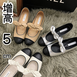 Tweed Style Flats Bottom Inner Heightening Flats for Women 2025 Spring & Fall New Style French Elegant Bow White Mary Jane Shoes
