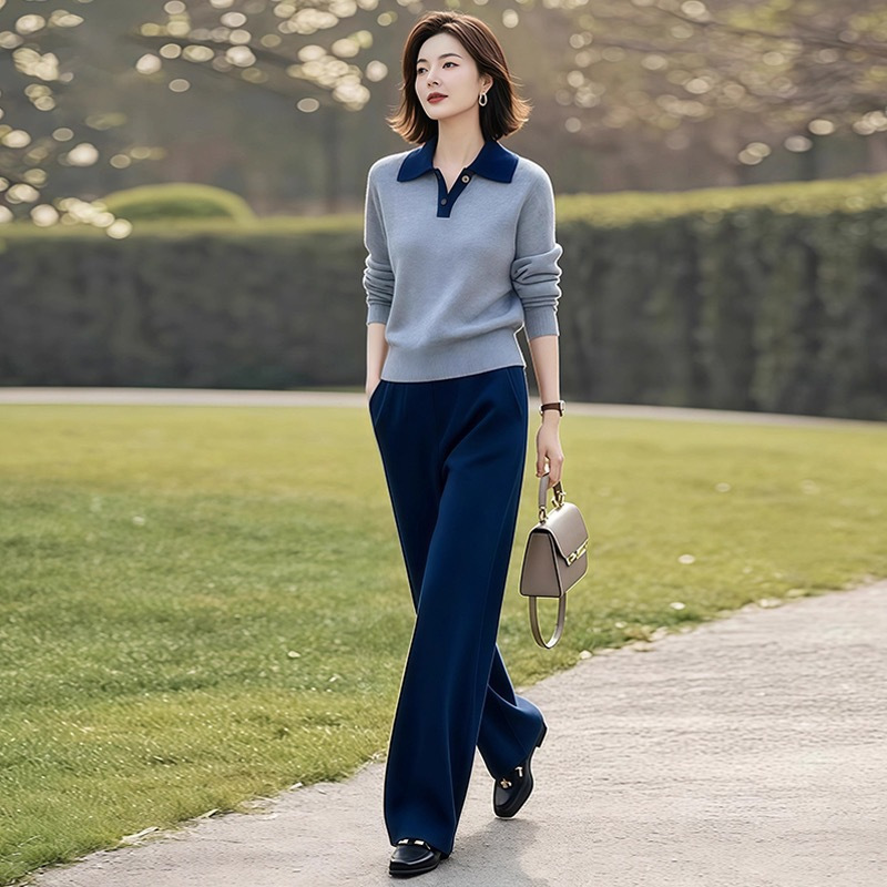 中老年妈妈穿搭一整套春秋时尚气质撞色针织衫+松紧腰阔腿裤套装
