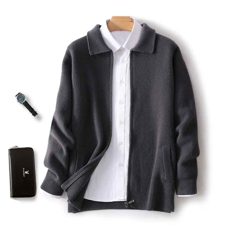 100% 純ウールカーディガン秋冬男メリヤスカーディガン新作ゆったり外着トレンド折り襟厚手ビッグコート