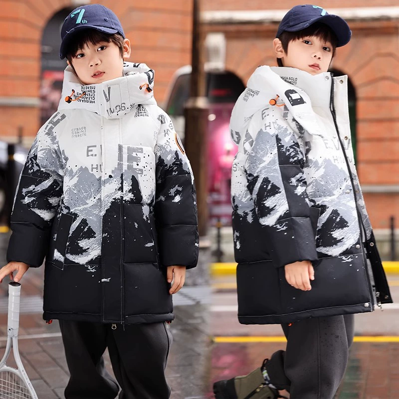 Детская одежда пуховик мальчик средней длиной 2023 зимняя одежда новый средний ребенок белый утиный бархат утолщает теплое пальто прилив