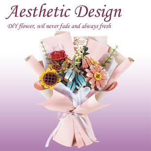 DIY Card 3D Wooden Flower Assembled Flower Wooden Assembled Model Flower bouquet suit gift box toy for export