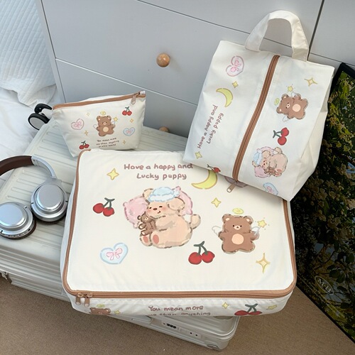 Cartoon Bear Storage Bag 2025 New Travel Clothing Packaging Bag Four-Piece Set Luggage Clothing Packaging Bag